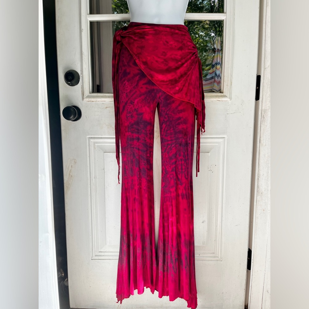 Boho Red Tie-Dye Flared Pants With Side Tie Scarf
